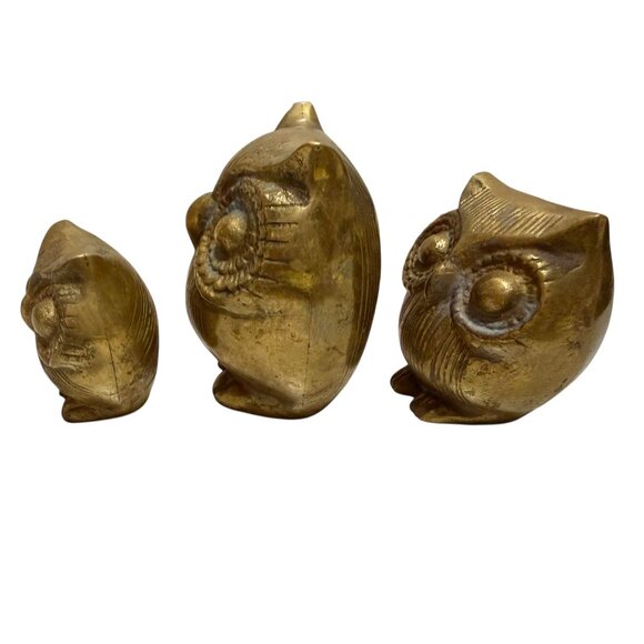 Brass Owl Set of 3 Figurines 3" 2.5" 2" Decorative MCM Vintage - Picture 7 of 11